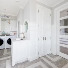 Coastal Laundry Room With Patterned Floor