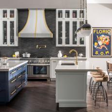 Gray Open Plan Kitchen With Blue Island