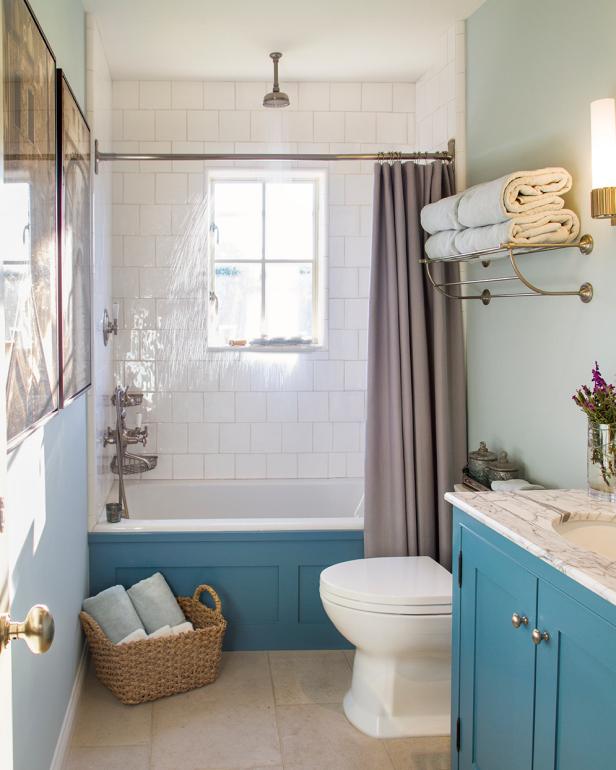 Guest Bathroom With Blue Tub Surround HGTV