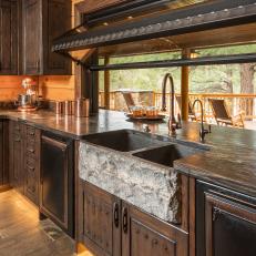 Rustic Kitchen with Chiseled Granite Farmhouse Sink 