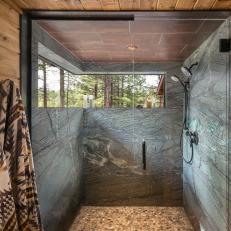Rustic Master Bath Glass Shower with Soapstone Slabs 