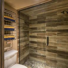 Rustic Wood Tiled Glass Walk-In Shower 