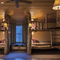 Rustic Cabin Loft Bunk Beds with Timber Railing 