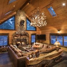 Rustic Cabin Great Room with Stone Fireplace