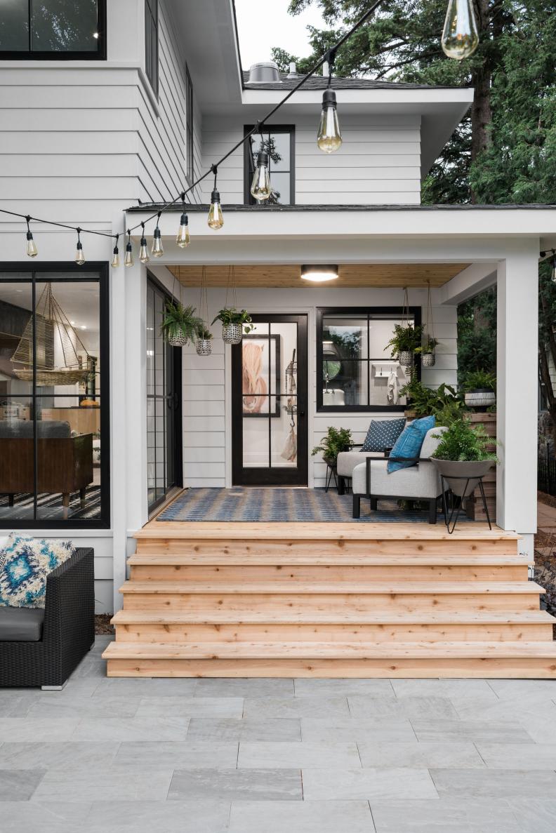 Natural Wood Steps Lead to Small Covered Porch