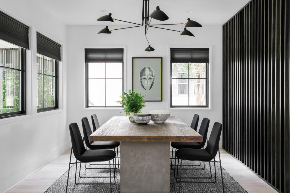 White Contemporary Dining Room With Black Room Divider Wall