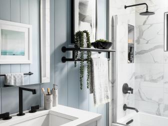 Blue-Gray Vertical Shiplap Adds Color to Guest Bathroom