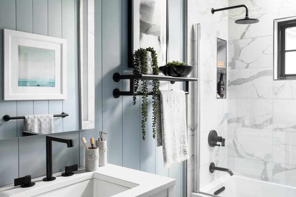 Blue-Gray Vertical Shiplap Adds Color to Guest Bathroom