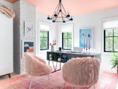 White Contemporary Home Office With Blush-Pink Ceiling