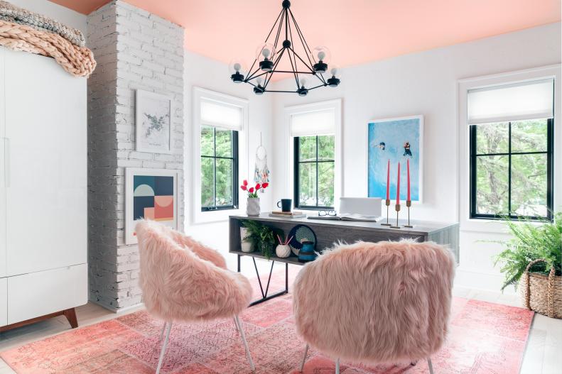 White Contemporary Home Office With Blush-Pink Ceiling