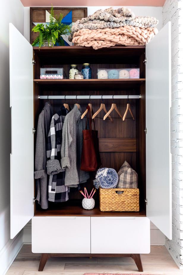 White and Walnut Wood Wardrobe Cabinet With Doors Open