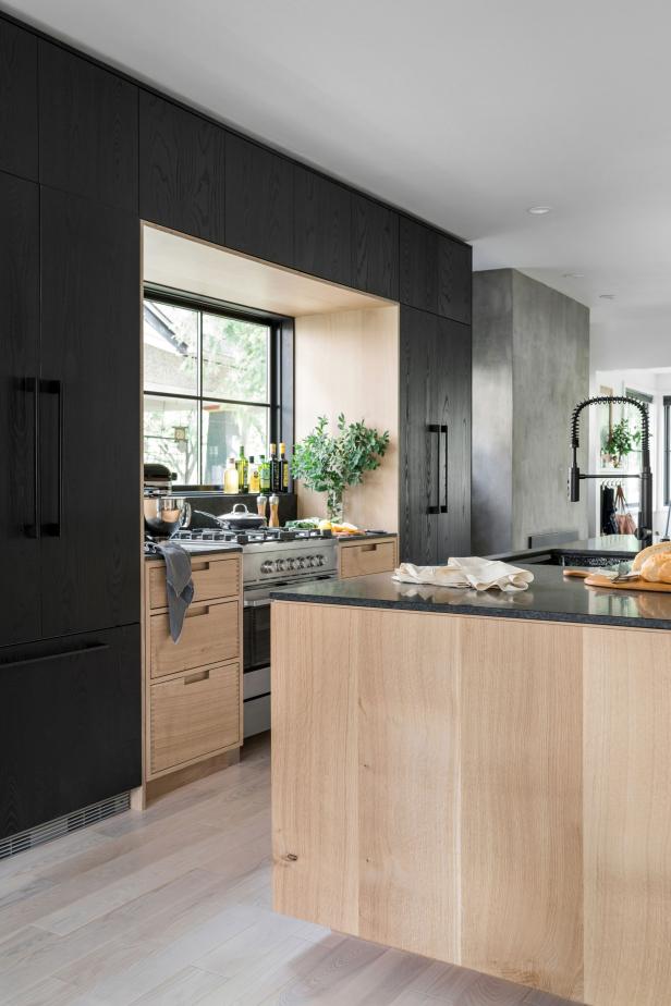 Kitchen With Light Natural Oak and Matte Black Cabinets