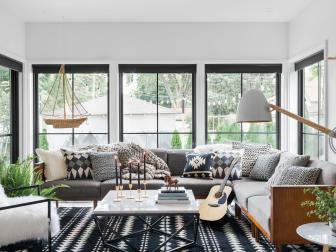White Transitional Living Room With Black-Framed Windows