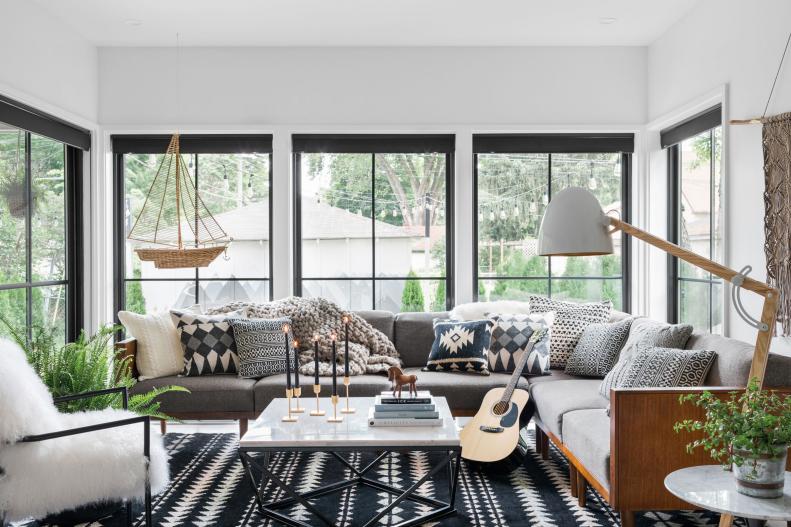 White Transitional Living Room With Black-Framed Windows