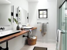 Long Butcher-Block Floating Shelf Vanity in White Master Bathroom