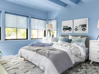 Master Bedroom Has Blue Walls and Ceiling and Gray and White Accents