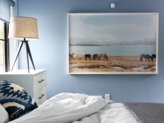 Large White-Framed Photo of Icelandic Horses in Blue Master Bedroom
