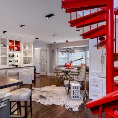 Open Plan Kitchen and Red Spiral Staircase