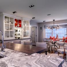 Gray and Red Open Plan Kitchen