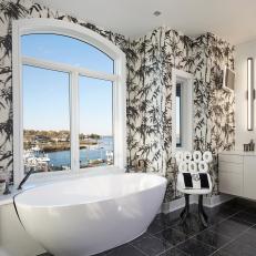 Waterfront Master Bathroom With Black-And-White Wallpaper