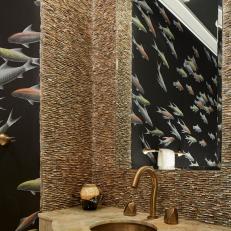 Bold, Contemporary Powder Room With Shell Wall