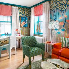 Colorful Art Deco Living Space With Desk