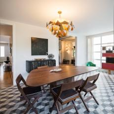 Midcentury Dining Room With Geometric Floor Tiles