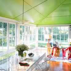 Covered Porch With Bright Green Vaulted Ceiling