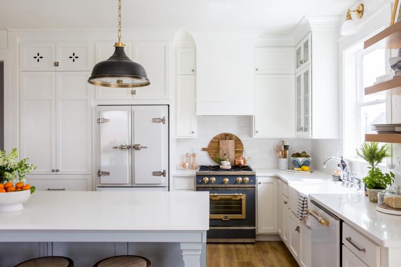 White Transitional Kitchen With Blue Range