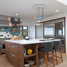 Contemporary Kitchen With Blue Pendants