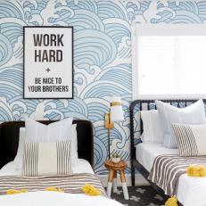 Transitional Boys Bedroom With Wave Wallpaper