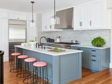Transitional Kitchen With Pink Stools
