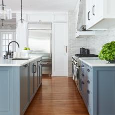 Blue Gray Transitional Open Plan Kitchen With Apples