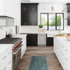 Black and White Chef Kitchen With Blue Rug