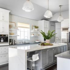 Gray and White Transitional Kitchen With Greenery