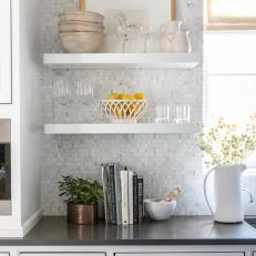 White Kitchen Shelves With Mosaic Tile Backsplash