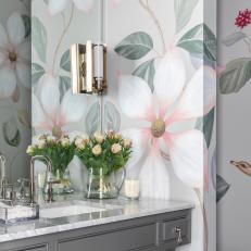 Gray Traditional Powder Room With Floral Wall