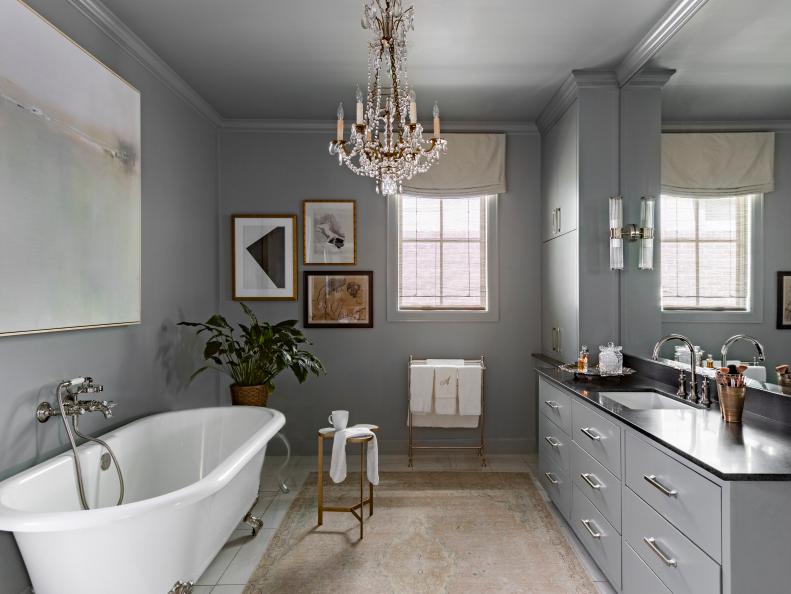 Gray Bathroom With Pink Rug