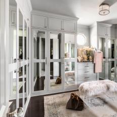 Gray Traditional Walk-In Closet With Fur Bench
