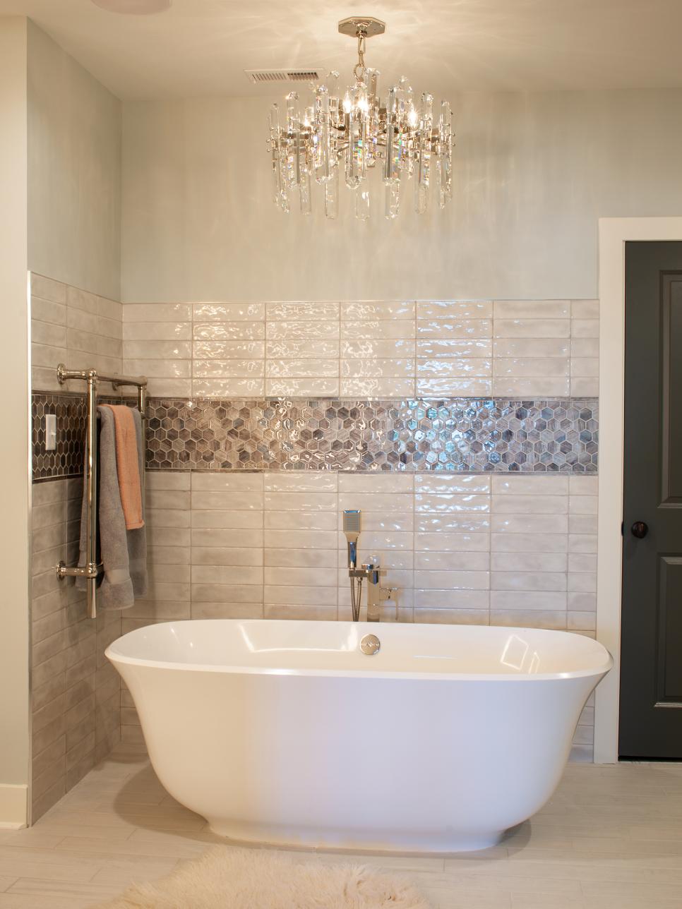 Neutral Spa Bathroom With Chandelier | HGTV