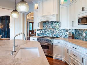 White Kitchen With Blue Backsplash
