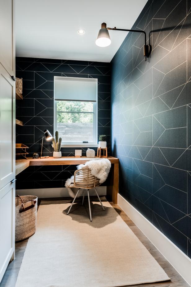 Contemporary Home Office With Geometric Wallpaper HGTV