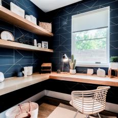 Blue Contemporary Home Office With Geometric Wallpaper