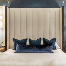 Blue Transitional Bedroom With Velvet Pillow