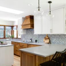 Cottage Open Plan Kitchen With Blue Backsplash