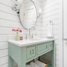 Cottage Powder Room With Blue Vanity