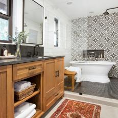 Black and White Bathroom With Red Runner