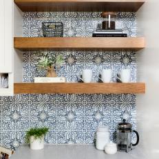 Open Kitchen Shelves With Blue Tile