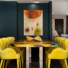 Multicolored Contemporary Dining Room With Yellow Chairs