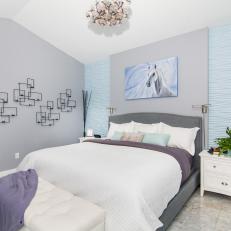 Blue and Gray Master Bedroom With Horse Art